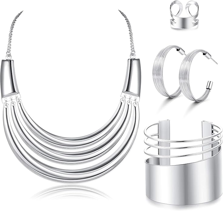 JOERICA Bib Choker Necklace Silver Gold Jewelry Set Wide Cuff Bangle Bracelet Open Hoop Earrings Adjustable Ring Chunky Silver Gold Statement Costume Jewelry Set for Women