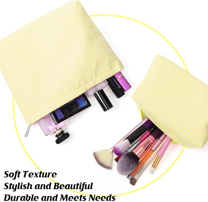 2 Pieces Makeup Bag Set Cute Cosmetic Pouch for Women Seersucker Travel Toiletry Bag Preppy Small Makeup Purse Pouch Aesthetic Skincare Brushes Storage Organizer for Christmas Women(Yellow)