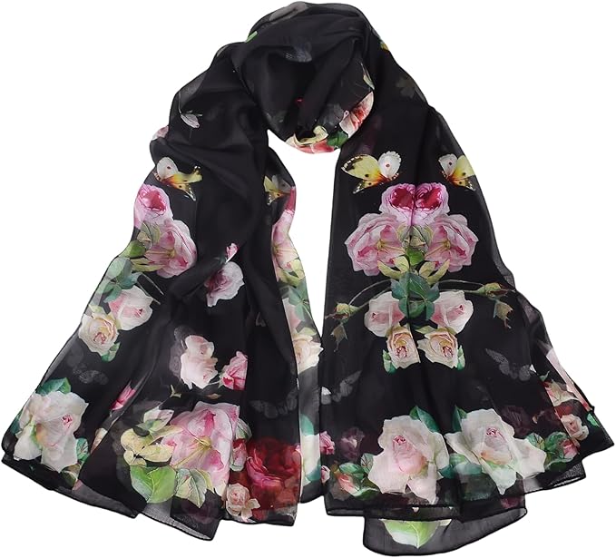 100% Mulberry Silk Women's Neck Silk Scarf-Lightweight Shawl,FLoral Print Beach Silk Wrap-Scarves for Photography