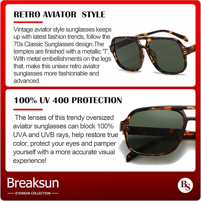 Retro Aviator Sunglasses for Women Men Trendy Classic 70s Square Aviator Sun Glasses Vintage Shades