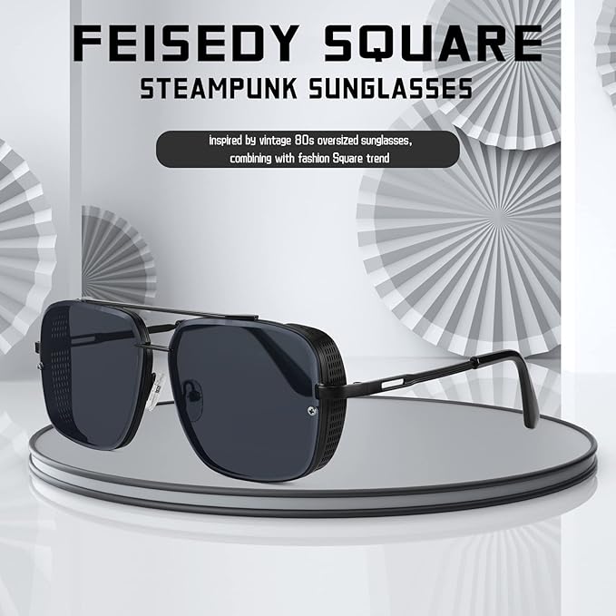 FEISEDY Sunglasses Mens Women Vintage Pilot Square Trendy Metal Steampunk Fishing Driving Sun Glasses B2894