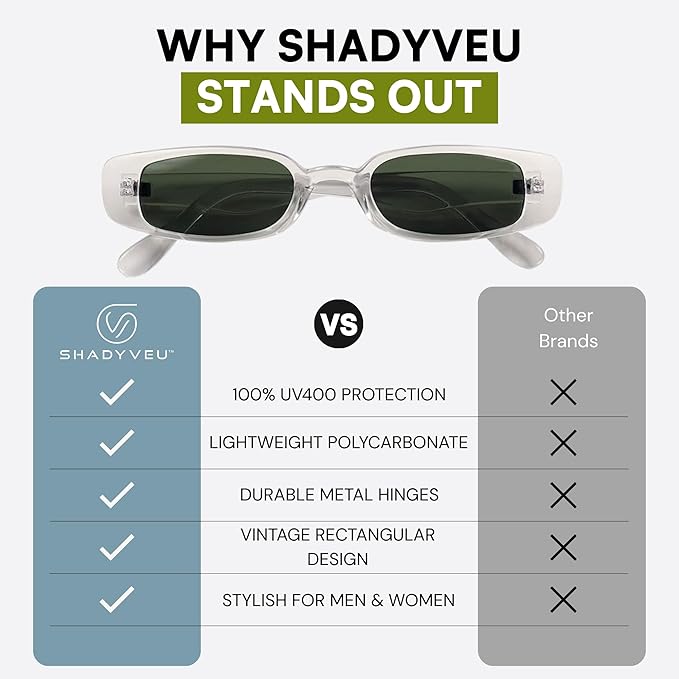 ShadyVEU Slim Classic Rectangular Sunglasses UV Protection 90’s Vintage Small Wide Retro Frame Fashion Shades