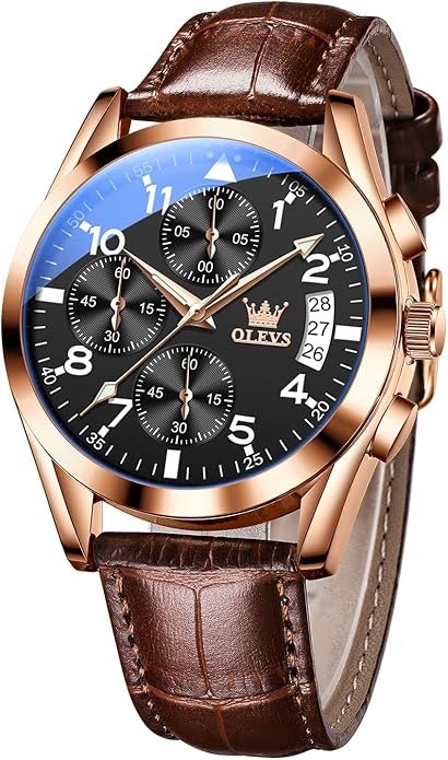OLEVS Men's Casual Leather Watch, Big Face Chronograph Watch for Men, Fashion Easy to Read Dress Watch, Men's Waterproof Luminous Date Analog Watch, Gold/Black/White/Blue Dial