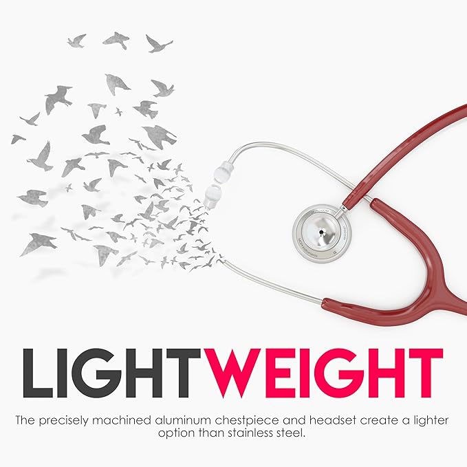 MDF Instruments, Acoustica Lightweight Stethoscope for Doctors, Nurses, Students, Home Health Use, Adult, Dual Head, Burgundy Tube, Silver Chestpiece-Headset, MDF747XP17