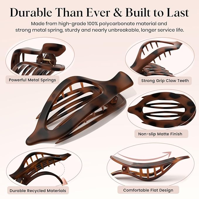 2 PCS Large Flat Hair Clips for Women, French Concord Lay Down Claw Clips for Thick Thin Hair, Comfortable Curved Side Clips, Matte Non-slip Strong Hold Hair Accessories, Tortoise & Black