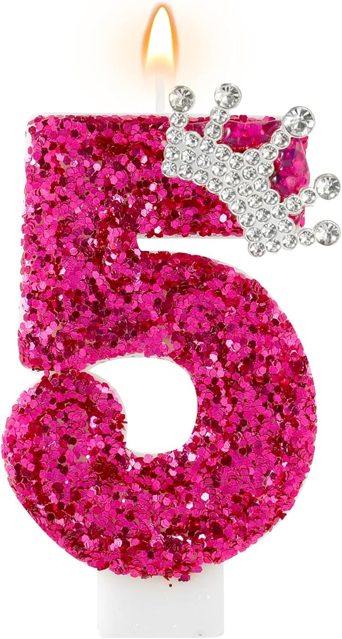 Hot Pink Birthday Candles Crown Number 5 Candle Birthday Party Decorations Cake Topper Cupcake Decor for Anniversary Celebrations Supplies