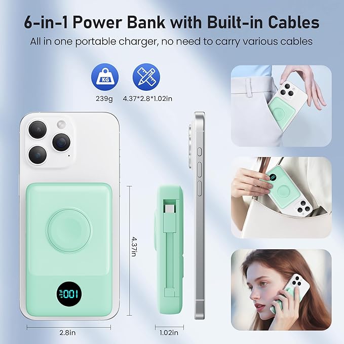 Magnetic Portable Charger for iPhone with Built-in Cables, 6-in-1 10800mAh Power Bank with iWatch Charger & LCD Display,25W Fast Charging Battery Pack for iPhone 17/16/15/14/13/12,Apple Watch (Green)