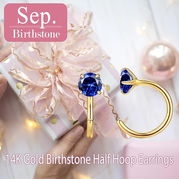 14K Gold Birthstone Huggie Half Hoop Earrings for Women,Round-cut Created Gemstone Minimalist Tiny Earring(4MM*2) Anniversary Birthday Mother's Day Jewelry for Mom Her
