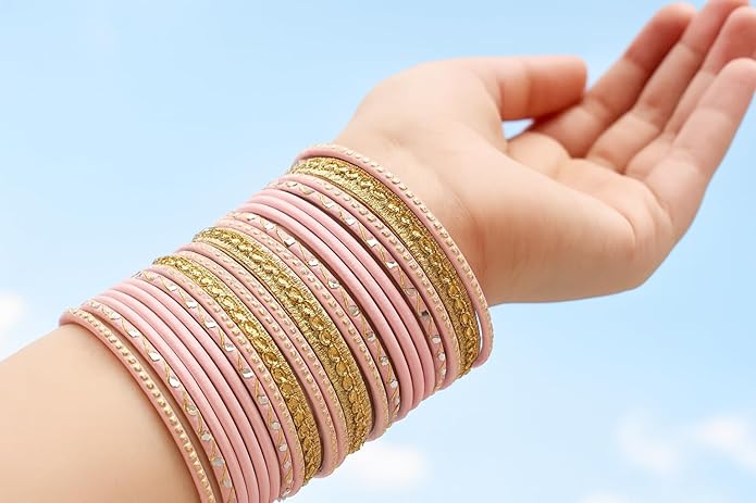 Touchstone Indian Metal Bangles for Women Gold Alloy Bracelets desi 2 Dozen Bangle Collection Bollywood Women's Jewelry Set Multi Stacking Wide Chunky Textured Golden Set of 24 in Gold or White Tone