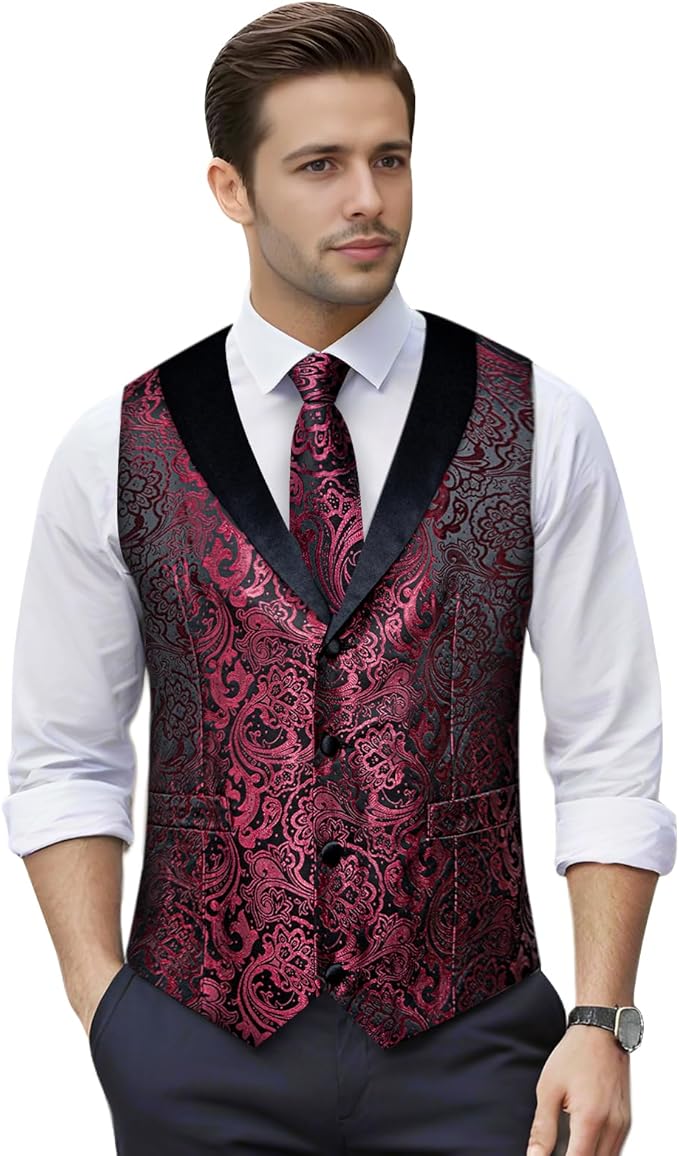 DiBanGu Mens Paisley Suit Vest Silk Jacquard Waistcoat and Necktie Set Formal Shawl Collar Dress Vest 7PCS for Wedding Party