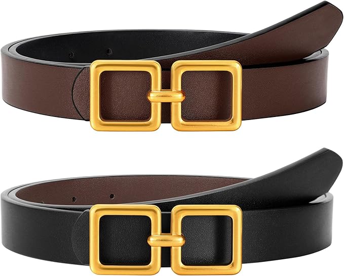 Reversible Genuine Leather Belt for Women - Gold Buckle for Jeans & Dresses