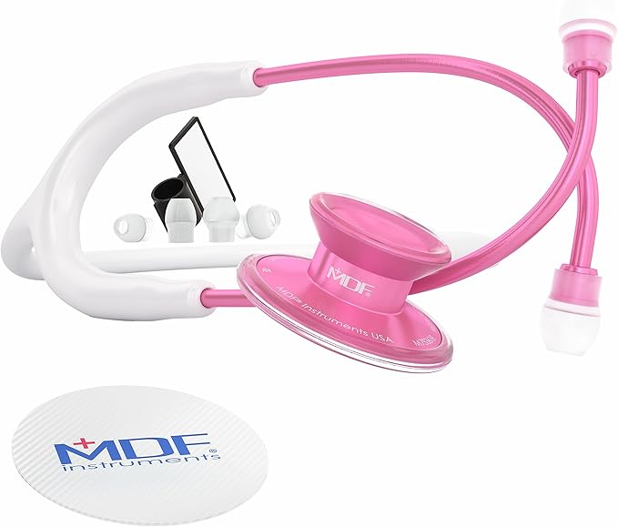 MDF Instruments, Acoustica Lightweight Stethoscope for Doctors, Nurses, Students, Home Health Use, Adult, Dual Head, White Tube, Pink Pinkore Chestpiece-Headset, MDF747XPPO29