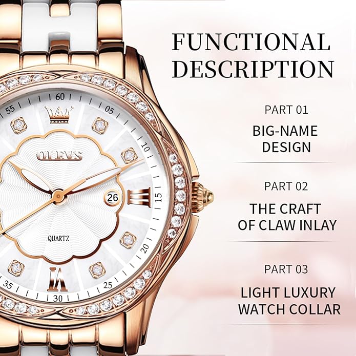 OLEVS Womens Ceramic Watch Luxury Shinning Diamond Rose Gold Watch for Women Analog Quartz Ladies Dress Watches Casual Waterproof Wrist Watches for Woman with Day Date Reloj para Mujer