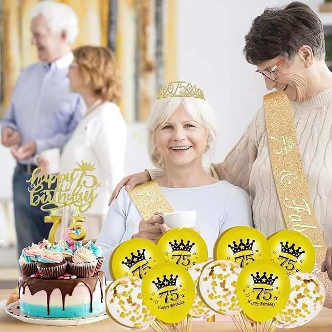 75th Birthday Decorations for Her Girls Set, Include 75th Birthday Crown and 75 Sash, 75th Birthday Cake Topper and 75 Birthday Candles, Gold 75 Balloons, Women 75th Party Supplies(Gold)