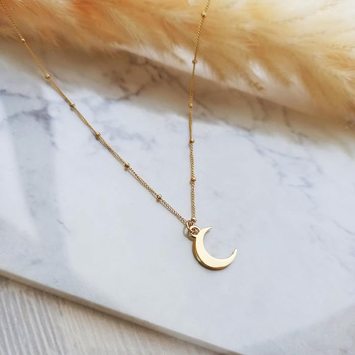 Gold Moon Necklace for Women - Crescent Pendant on a Minimal Gold Filled Satellite Chain - Length 16" + 2" Extender
