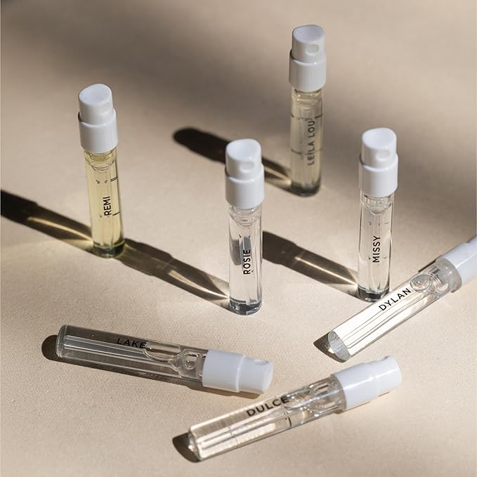 By Rosie Jane Discovery Perfume Set - 7 Piece Travel Size Perfume Set - Gift Set Includes Scents Rosie, Dulce, Missy, Remi, Leila Lou, Dylan & Lake - Clean Perfume for Women (7 Count)