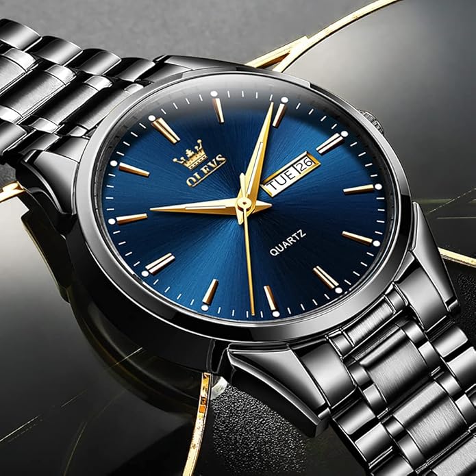 OLEVS Classic Men Watches with Date,Stainless Steel Man Watch with Date, Bussiness Watches for Men,Luminous Quartz Mens Watches Black/White/Blue/Gold, Waterproof Male Watch with Week