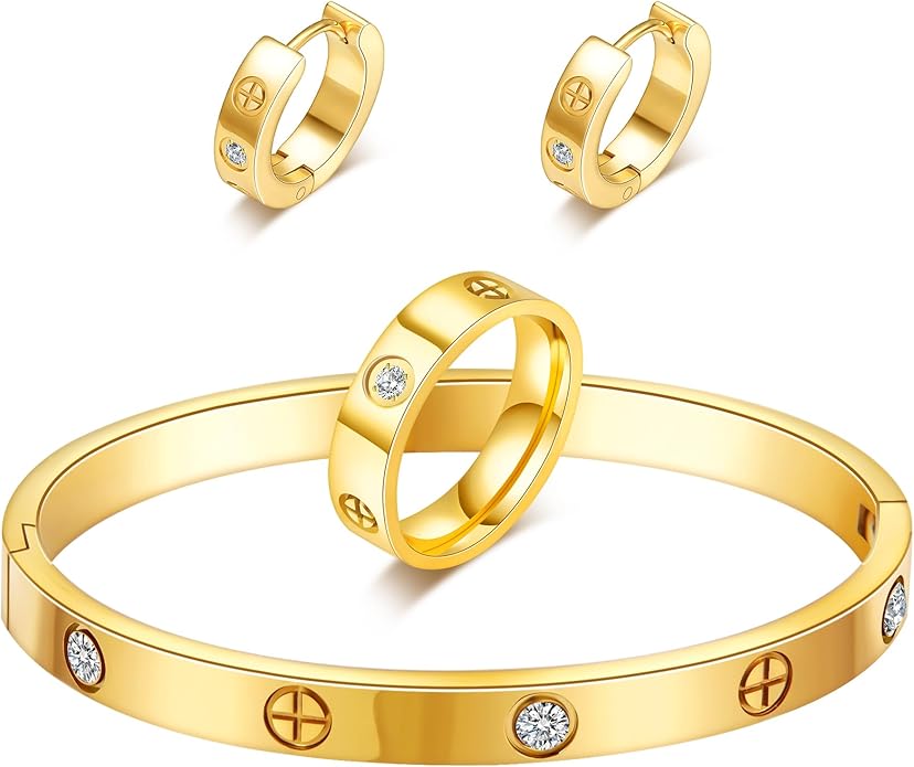 3 Pcs Hoop Earrings Bracelets Ring Sets for Women-18K Gold Plated Love Bracelet Cubic Zirconia Cuff Bangle Hoop Earrings Friendship Love Ring Jewelry Set,Wedding Party Christmas Valentine's Day Birthday Gifts for Her Girlfriend Sister Daughter