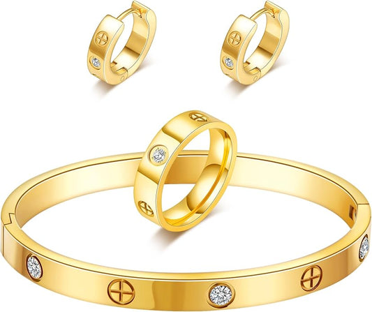 3 Pcs Hoop Earrings Bracelets Ring Sets for Women-18K Gold Plated Love Bracelet Cubic Zirconia Cuff Bangle Hoop Earrings Friendship Love Ring Jewelry Set,Wedding Party Christmas Valentine's Day Birthday Gifts for Her Girlfriend Sister Daughter