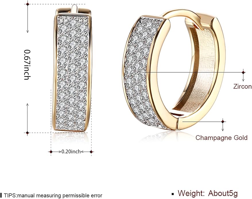 14K Gold Plated Cubic Zirconia Hoop Earrings,Three Row Diamon | Arrows | Double Row of Diamonds Huggie Earrings for Women