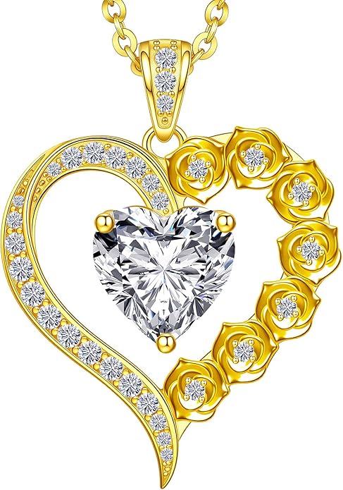 Beam & Bask 2-3 Carat Moissanite Rose Flower Heart Necklace for Her, Sterling Silver Plated with 18K Gold, Birthday, Wedding, Anniversary Pendant Jewelry for Girlfriend, Wife, Bride, Soulmate
