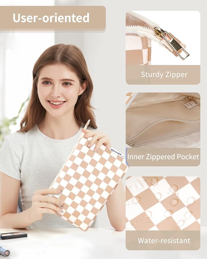 Narwey Small Checkered Makeup Bag for Purse Small Cosmetic Bag Women Travel Makeup Pouch Zipper Pouch (Light Checkerboard)