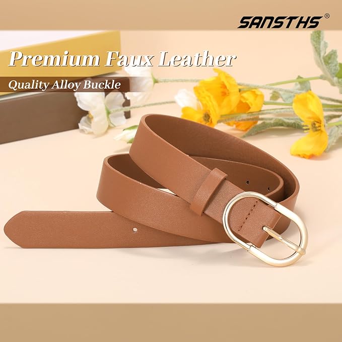 SANSTHS Women Faux Leather Chic Belts for Jeans Pants Fashion Ladies Belt Solid Color with Gold Curved Pin Buckle