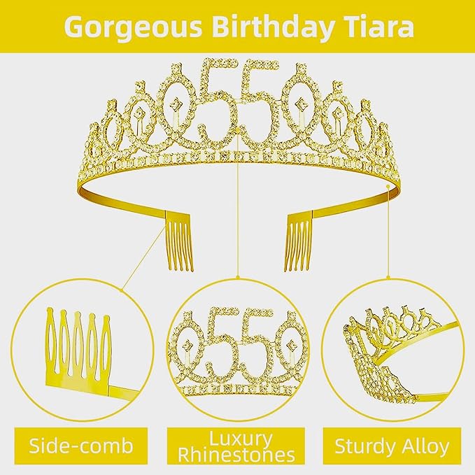 55th Birthday Decorations for Her Girls Set, Include 55th Birthday Crown and 55 Sash, 55th Birthday Cake Topper and 55 Birthday Candles, Gold 55 Balloons, Women 55th Party Supplies(Gold)