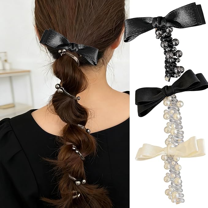 3PC Pearl Butterfly Telephone Wire Hair Ties – Spiral Elastic Bubble Ponytail Hair Bands for Women & Girls, No Damage, Soft & Stretchy Hair Accessories for High Ponytails and Braids (set-D)