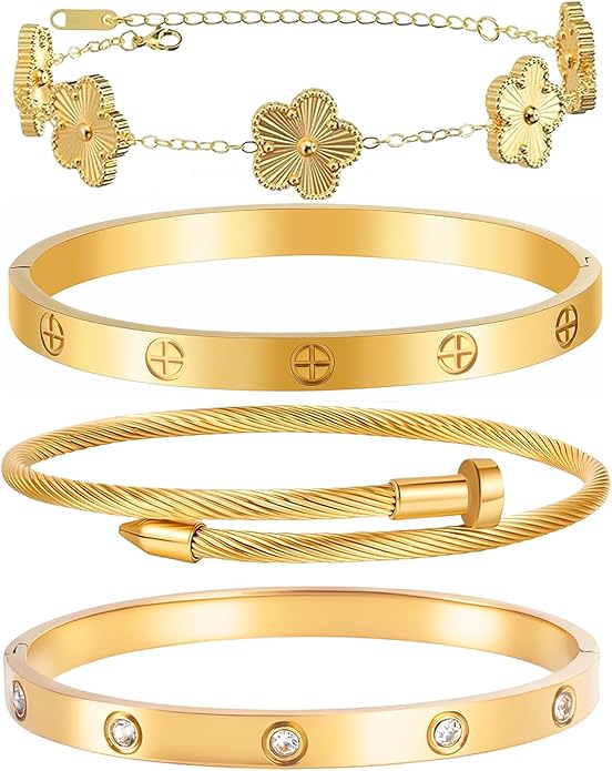 Gold Bracelets for Women- 4Pcs 18K Gold Plated Stackable Floral Clover Bracelets ,Stainless Steel Bangle Non Tarnish, Gold Bracelet Set Trendy Jewelry,Christmas Valentines Birthday Gifts-Pulseras Para Mujer