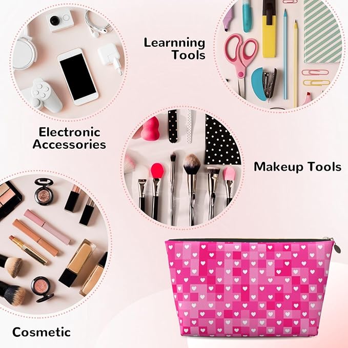 Cute Valentine's Day Hearts Makeup Bag Zipper Pouch Travel Portable Cosmetic Bag Organizer for Women