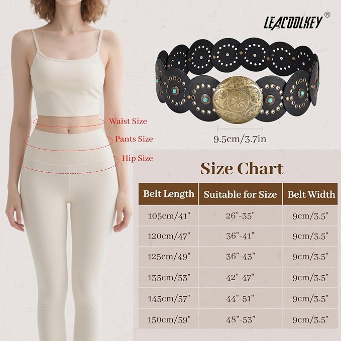 LEACOOLKEY Women's Boho Disc Belt Wide Western Leather Belt Vintage Concho Waist Belts for Dress Jeans