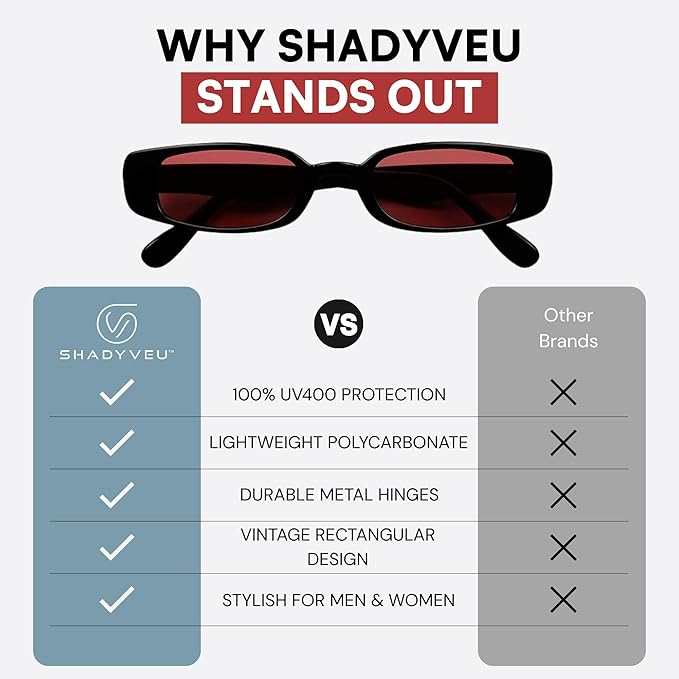 ShadyVEU Slim Classic Rectangular Sunglasses UV Protection 90’s Vintage Small Wide Retro Frame Fashion Shades
