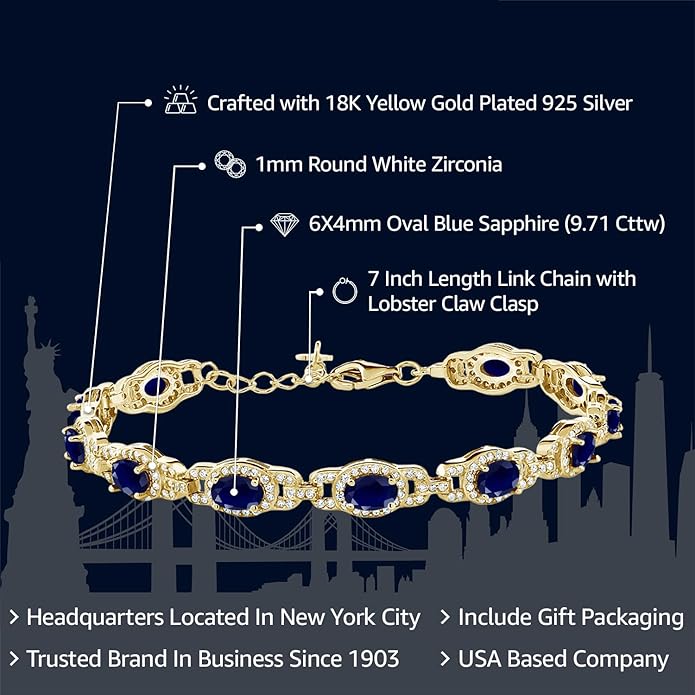 Gem Stone King 18K Yellow Gold Plated Silver Oval Gemstone Birthstone Tennis Bracelet For Women | Oval 6X4MM | 7 Inch With 1 Inch Extender | Fine Jewelry Gifts for Her Mom Women Wife