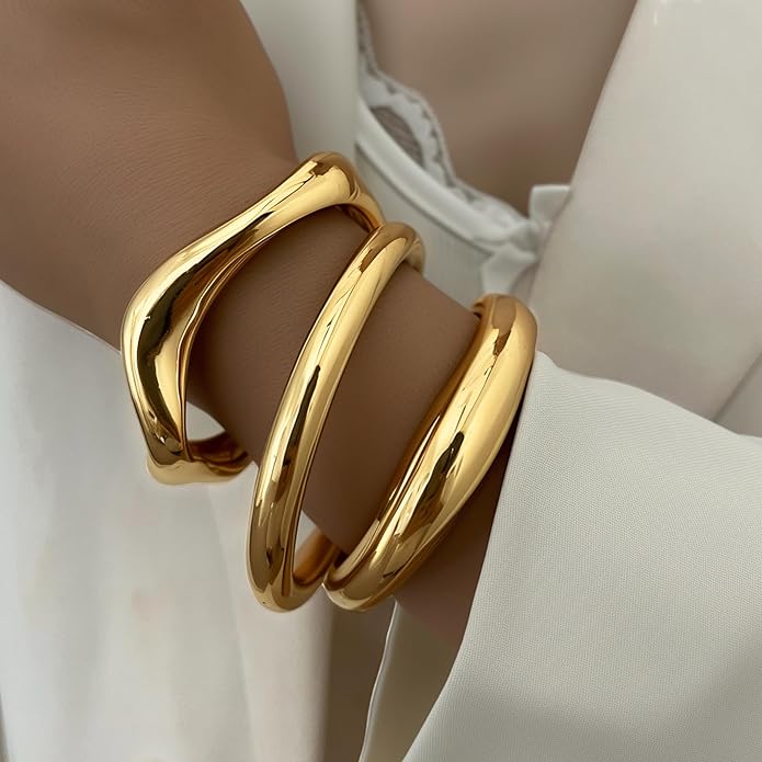 iF YOU Chunky Gold Bangle Bracelets for Women, 14k Gold Plated Multi Layer Stackable Cuff Bracelet Set, Trendy Statement Bracelet Stack Jewelry Gifts