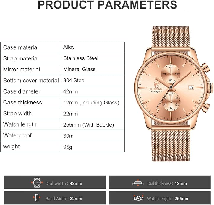 GOLDEN HOUR Mens Watch Fashion Sleek Minimalist Quartz Analog Mesh Stainless Steel Waterproof Chronograph Watches for Men with Auto Date