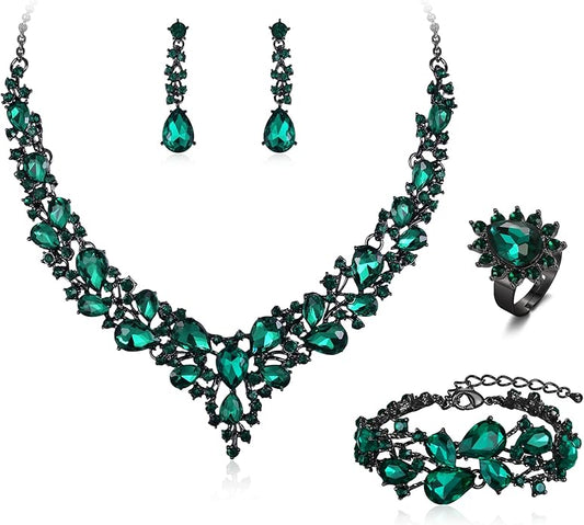 BriLove Wedding Bridal Jewelery for Women Austrian Crystal Teardrop Cluster Statement Necklace Dangle Earrings Link Bracelet Set