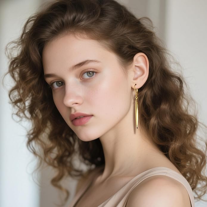 ALEXCRAFT 925 Sterling Silver & 14K Gold Plated Long Dangle Drop Earrings for Women Minimalist Hypoallergenic Vertical Bar Leverback Dangling Earrings Lightweight Daily Fashion Jewelry Gifts