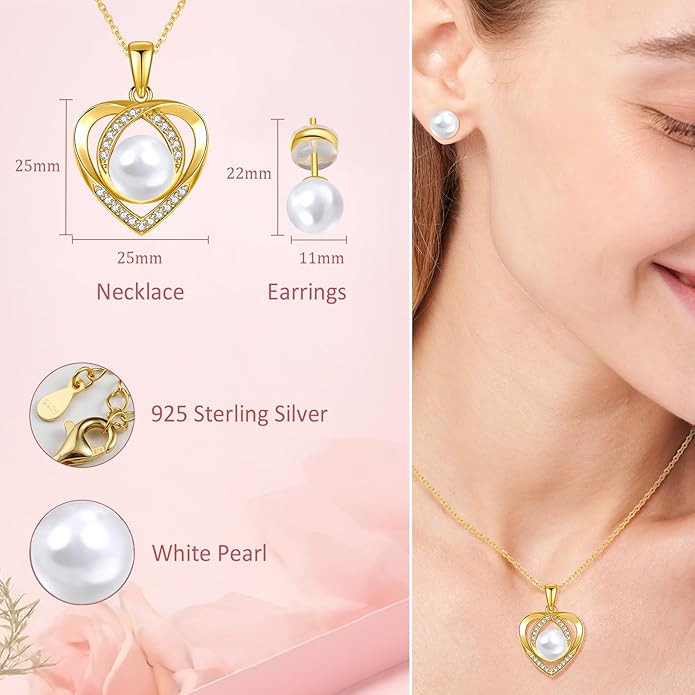 Pearl Necklace and Earring Set for Women, Gold Plated/925 Sterling Silver Heart Jewelry Set-Black Pearl Cubic Zirconia Gifts for Women Wife Mom-Wedding Anniversary Mothers Day Gifts