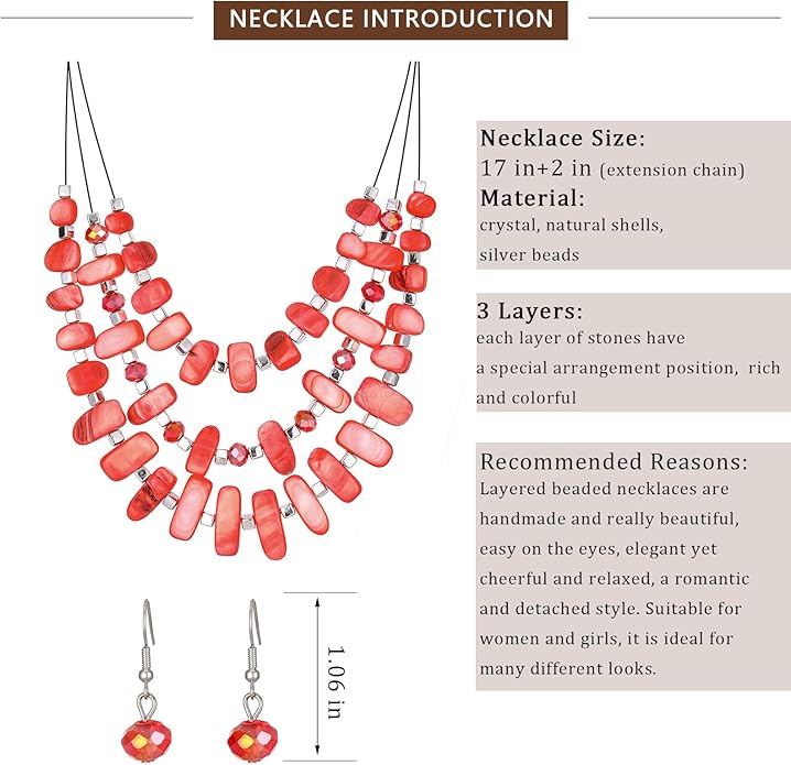 3 Layered Chunky Statement Necklace for Women Beaded Strand Necklaces with Earring Fashion Costumes Collar Necklace Jewelry Sets Gifts for Women