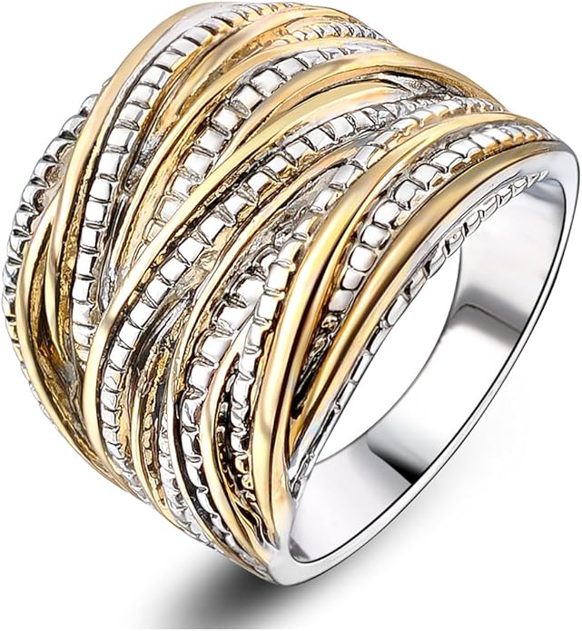 Mytys 2 Tone Intertwined Crossover Statement Ring Fashion Chunky Band Rings for Women Wide Index Finger Rings Costume Jewelry