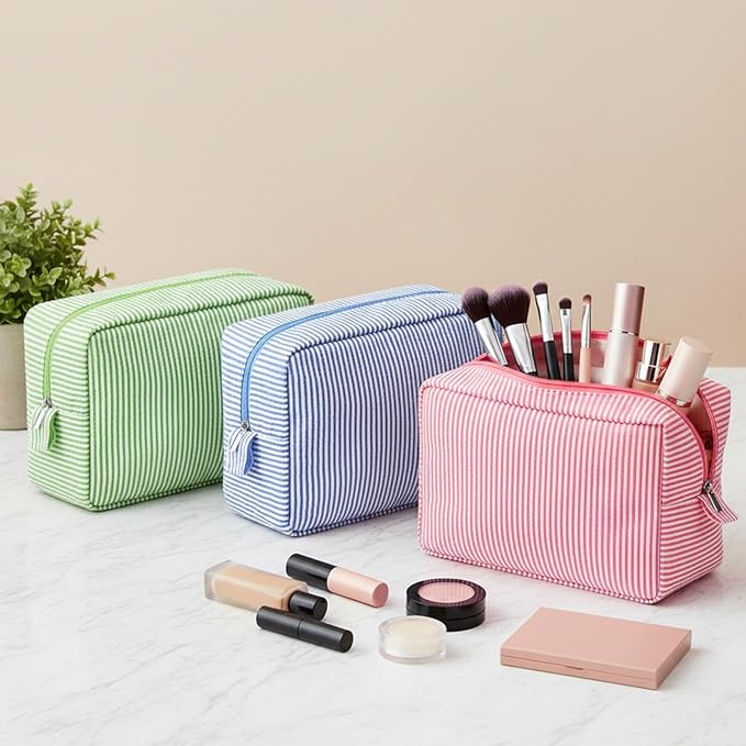 Sanwuta 3 Pcs Seersucker Cosmetic Bag Seersucker Makeup Bag Women Stripe Large Travel Toiletry Organizer Preppy Storage Pouch for Embroidery Christmas Bridesmaid Gifts(Pink, Blue, Green)