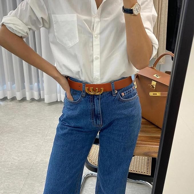 Women's Fashion Classic Metal Buckle Leather Belt with Jeans Dress