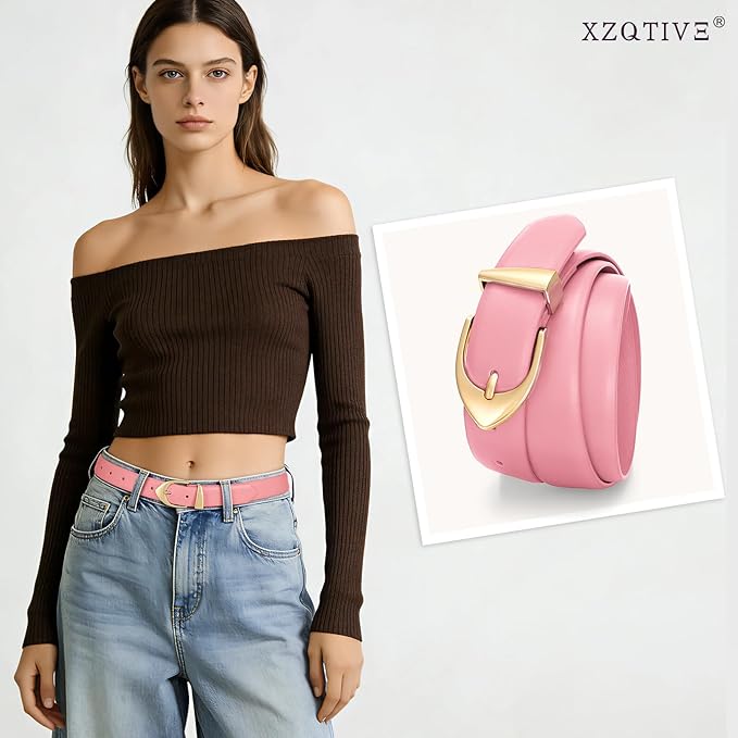 XZQTIVE Women's Leather Belts, Classic Minimalist Design For Jeans Pants Dresses, Black Belt With Gold Buckle