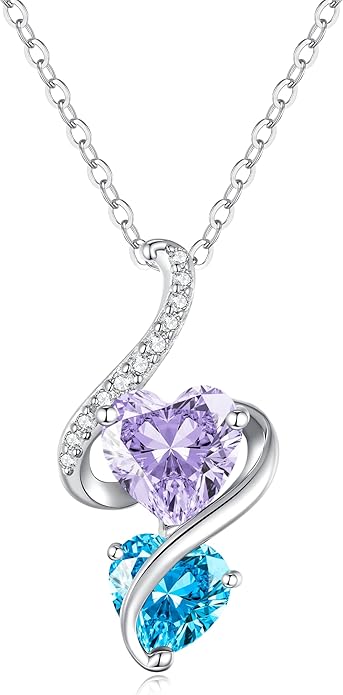 LOUISA SECRET Unique Double Heart Necklace Gifts for Wife Women, 925 Sterling Silver Tiny Birthstone Pendant Jewelry Gift for Her Girlfriend Mom Valentine's Day Anniversary Mother's Day Birthdays & Christmas