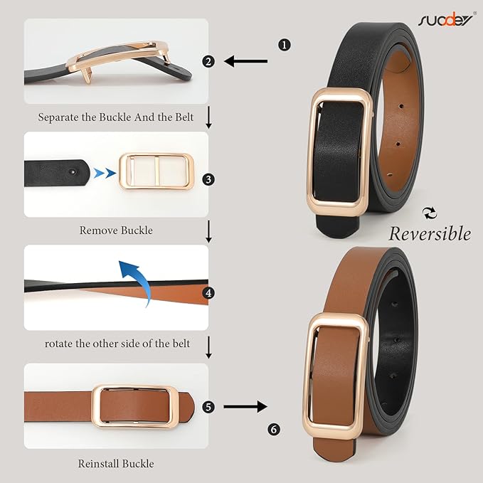 SUOSDEY Women Reversible Leather Belts for Jeans Pants Dresses Ladies Fashion Belts with Gold Buckle, 0.9" Width