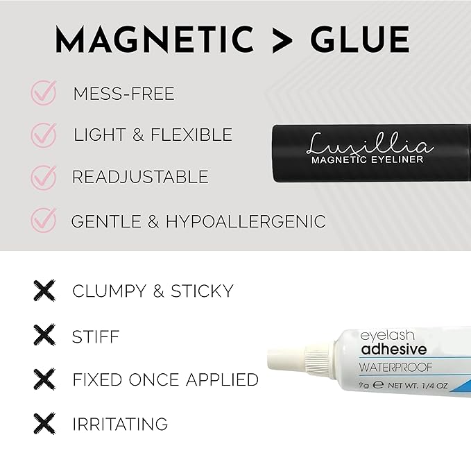 Luxillia Magnetic Eyelashes Kit – 7 Piece Magnetic Eyelash & Eyeliner Set with Applicator – Natural Look Easy Apply Reusable Fake Extension Lashes, No Glue – Pestañas Postizas Magnéticas Naturales