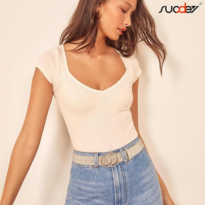 SUOSDEY Women Leather Belt Fashion Double O-Ring Soft Faux Leather Waist Belts For Jeans Dress
