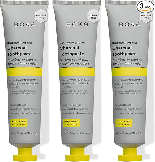 Boka Fluoride Free Toothpaste, Nano Hydroxyapatite Toothpaste, Appropriate for Sensitive Teeth - for Adult, Kids Oral Care - Charcoal Yuzu Mint Flavor, 4 Fl Oz 3Pk US Manufactured