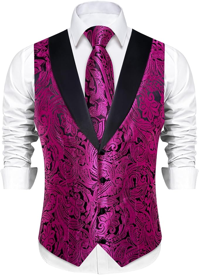 DiBanGu Mens Paisley Suit Vest Silk Jacquard Waistcoat and Necktie Set Formal Shawl Collar Dress Vest 7PCS for Wedding Party